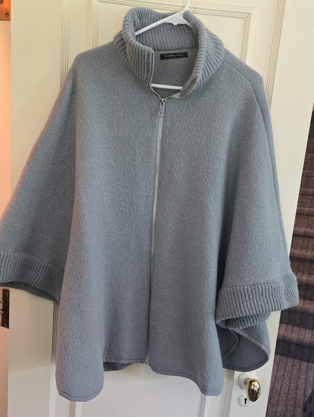 Zip-Front Collar Poncho Sweater - Light Gray One Size